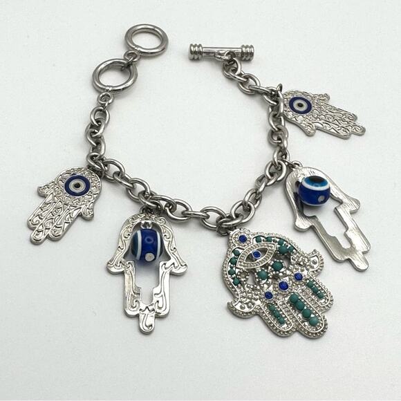 Hamsa Hand Of Fatima Silver Blue Charm Bracelet Evil Eye Protection Silver Tone - Picture 2 of 4